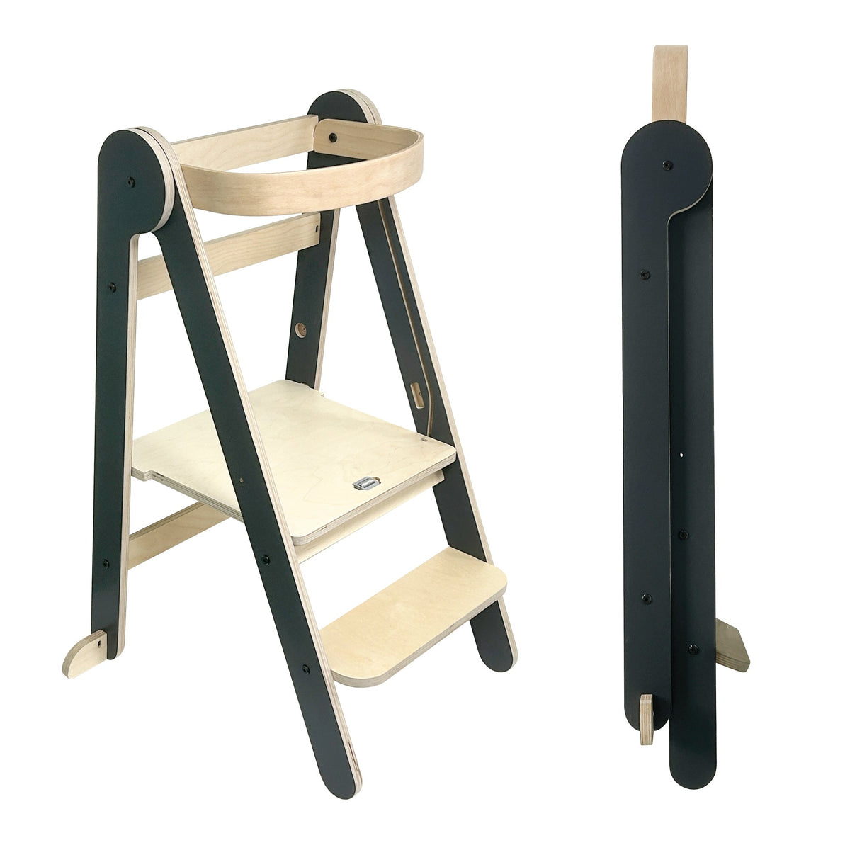 MamaToyz Folding Montessori Learning Tower – Natural Beech Wood | Dark Grey