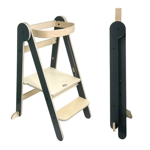 MamaToyz Folding Montessori Learning Tower – Natural Beech Wood | Dark Grey