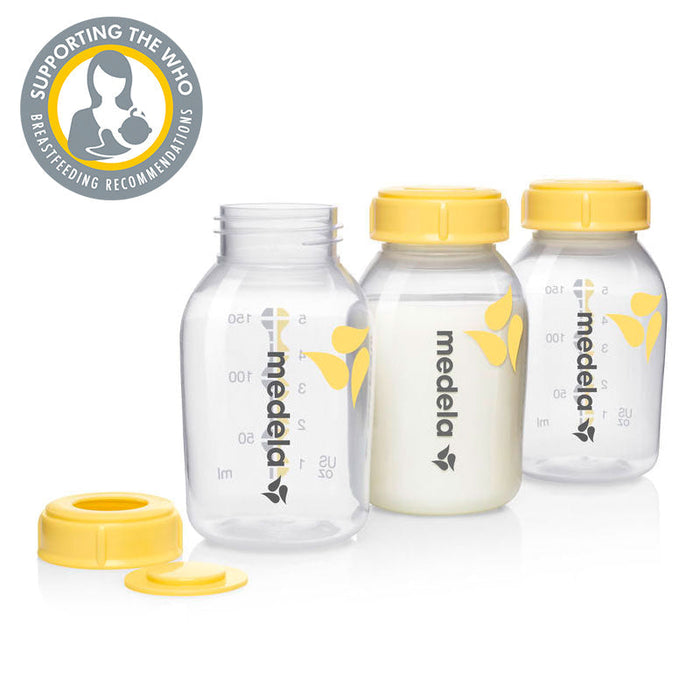 Breast milk storage bottles, 150 ml, 3-pack with yellow caps, clear plastic