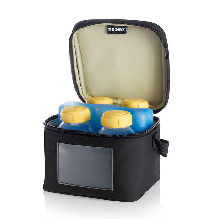 Insulated Medela cooler bag with zipper, open top, holds four baby bottles