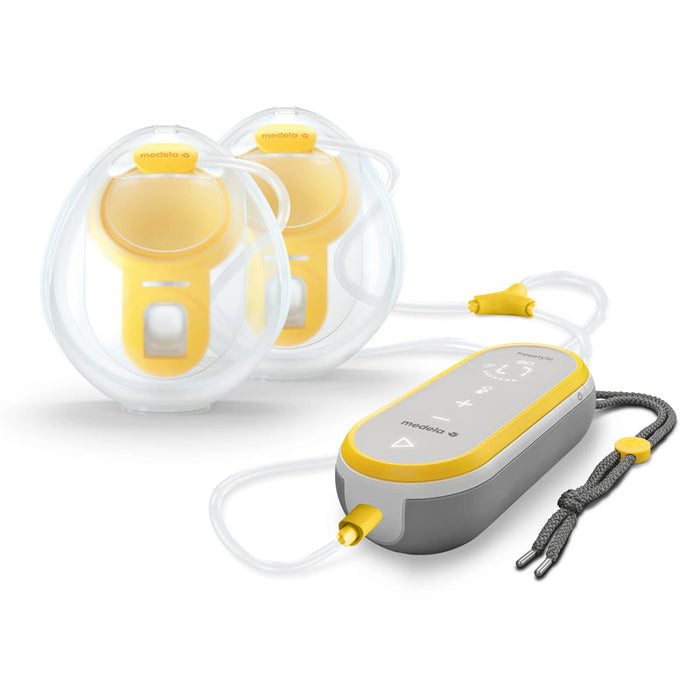 Hands-free breast pump kit with yellow shields, controller, and power cable