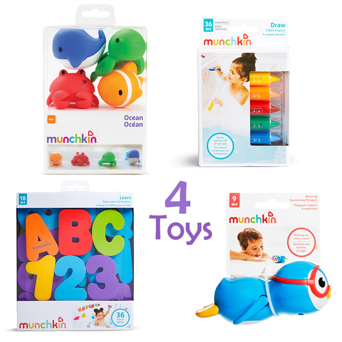 Munchkin ocean bath toy gift set, 4 pieces shown in retail packaging