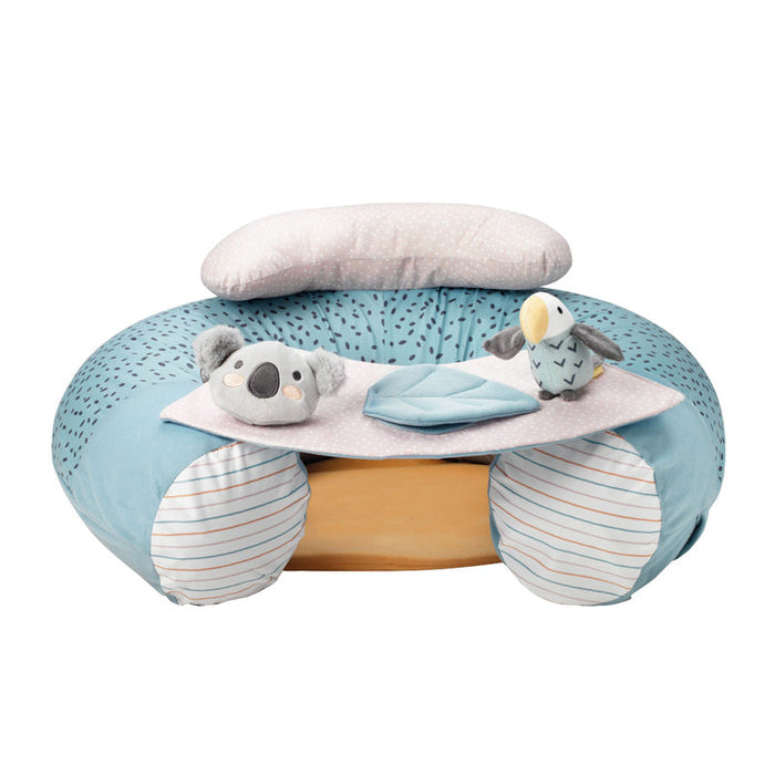 Blue-and-teal baby sit-me-up lounger with plush koala and bird activity toys