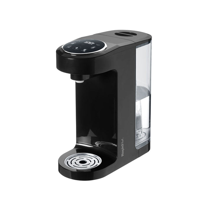 Black countertop hot water dispenser with LCD control panel and drip tray base