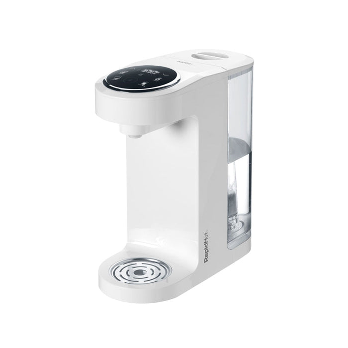 White electric water boiler with clear reservoir and base drip tray