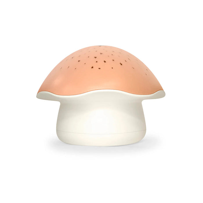Pink musical mushroom night light projector with star-speckled cap and white base