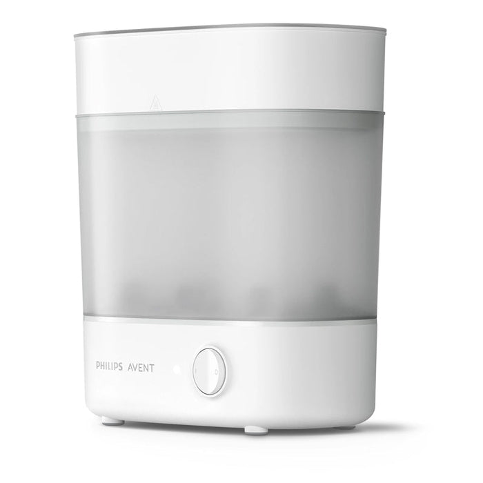 Philips Avent electric bottle steriliser, white countertop unit with circular power button