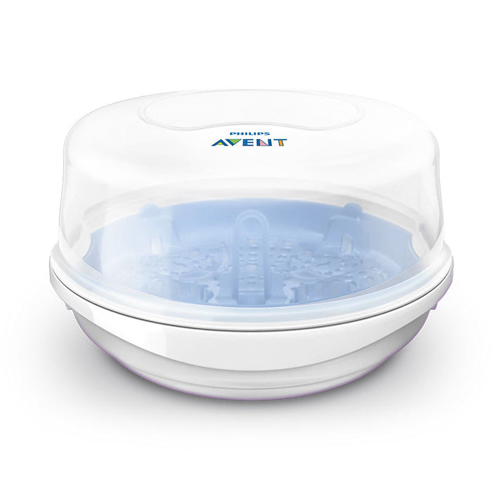 Philips Avent microwave baby bottle steriliser with clear lid and blue interior parts