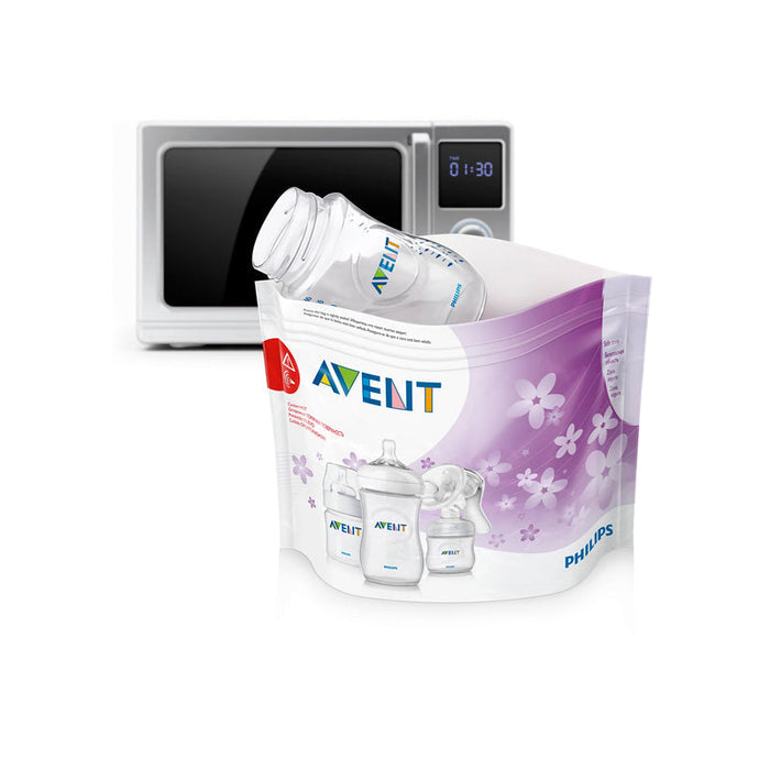 Philips Avent microwave steriliser bag with bottles and purple flower print