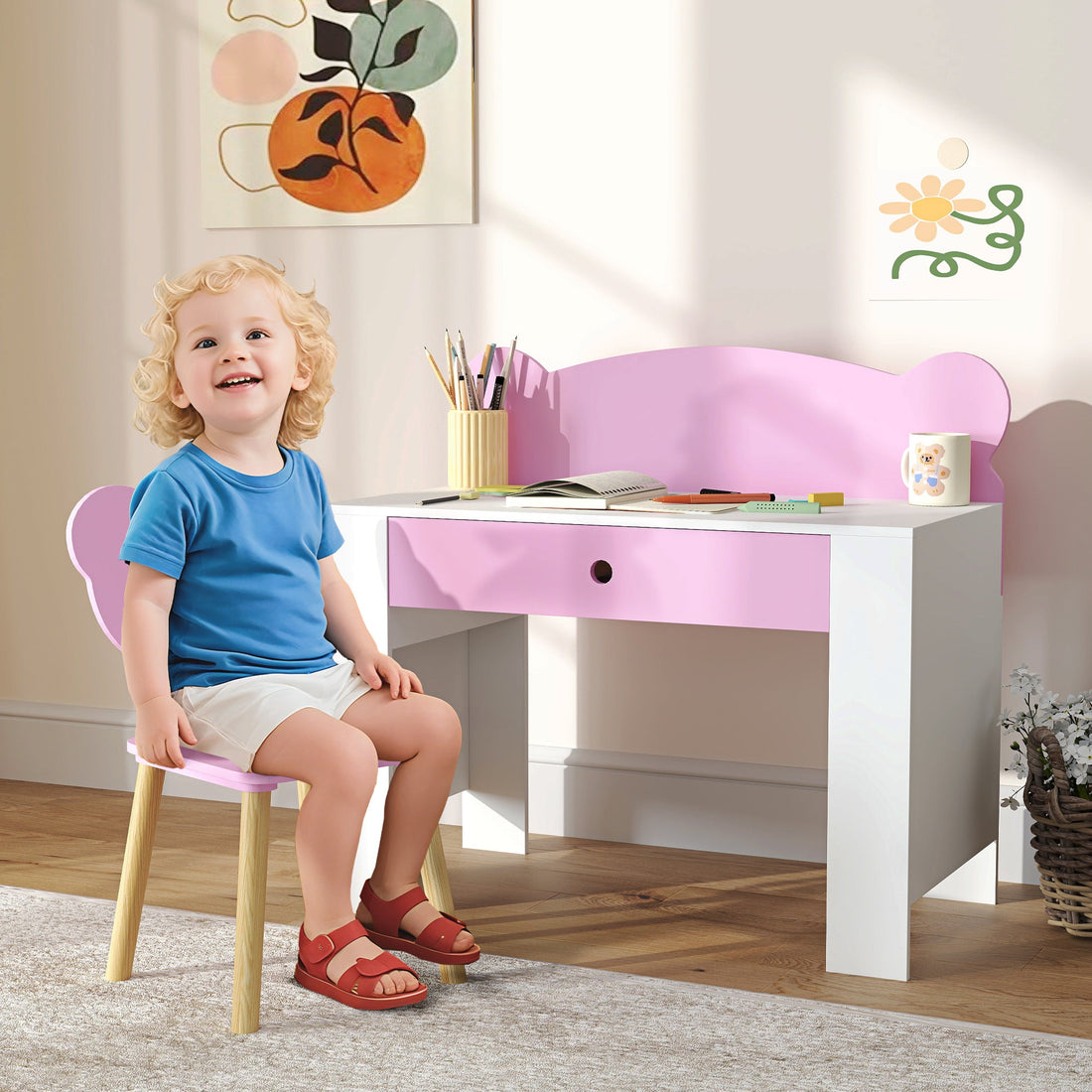 AIYAPLAY Kids Desk & Chair Set with Drawer – Pink