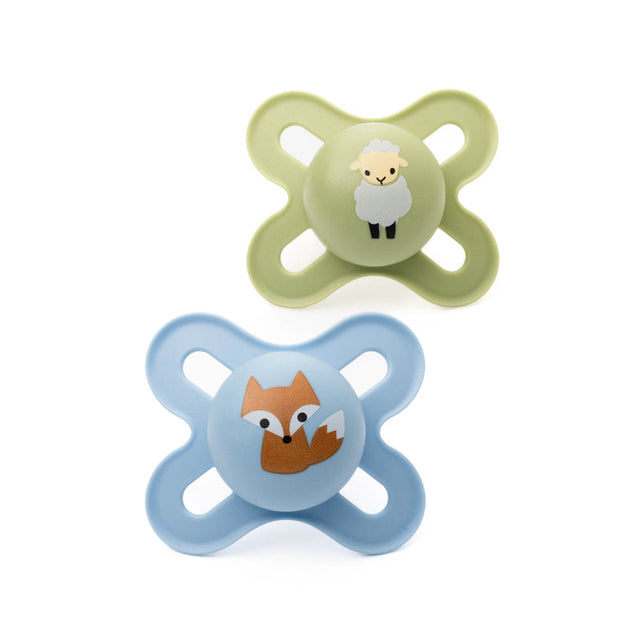 MAM Start soothers, 2-pack, with blue fox and green sheep designs