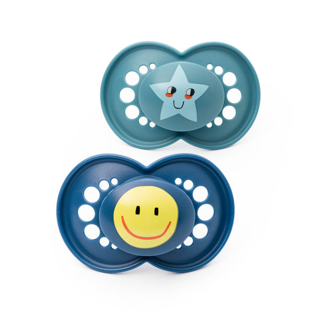 MAM Original soothers in teal and dark blue, with star and smiley face designs
