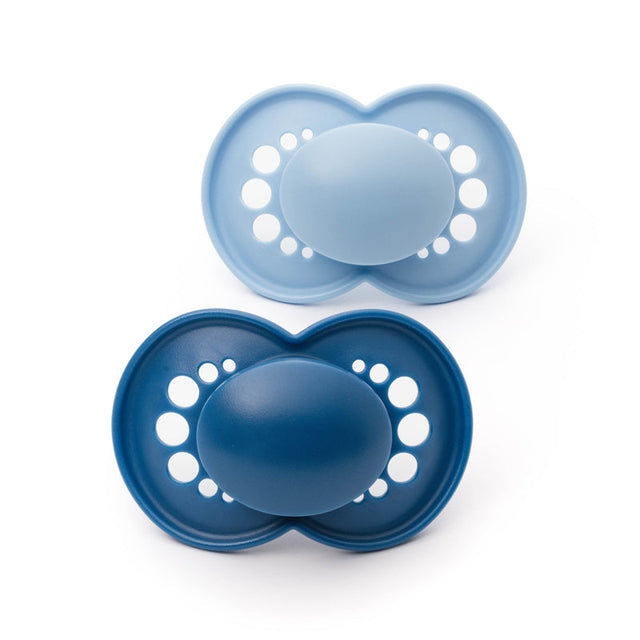 Two blue MAM Original soothers, one light blue and one dark blue, with ventilated shields.
