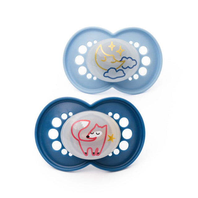 MAM blue night soothers, two-piece set with ventilated shields and moon and cat designs