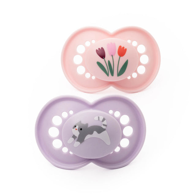 MAM Original soothers in pink and lavender, with flower and cat designs