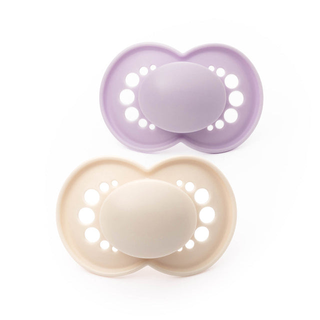 MAM Original soothers in lavender and cream, with curved shields and ventilation holes