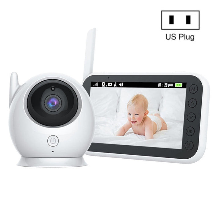 Wireless baby video monitor with white 360° camera and handheld screen displaying infant