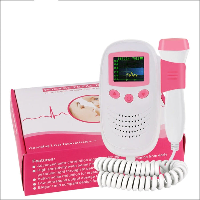 Pink and white digital fetal Doppler monitor with LCD screen and coiled probe cable