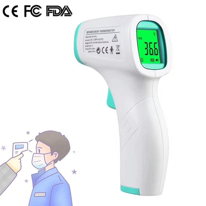 Non-contact infrared thermometer with LCD display, white body and mint accents