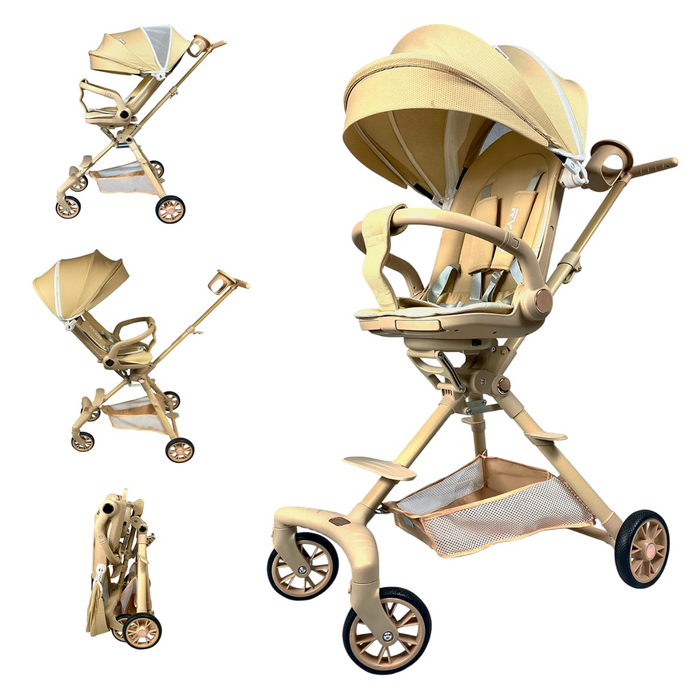 Beige lightweight folding pushchair with canopy, front swivel wheels, and padded seat.