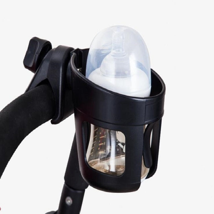 Black stroller cup holder with clear dome lid and side straps