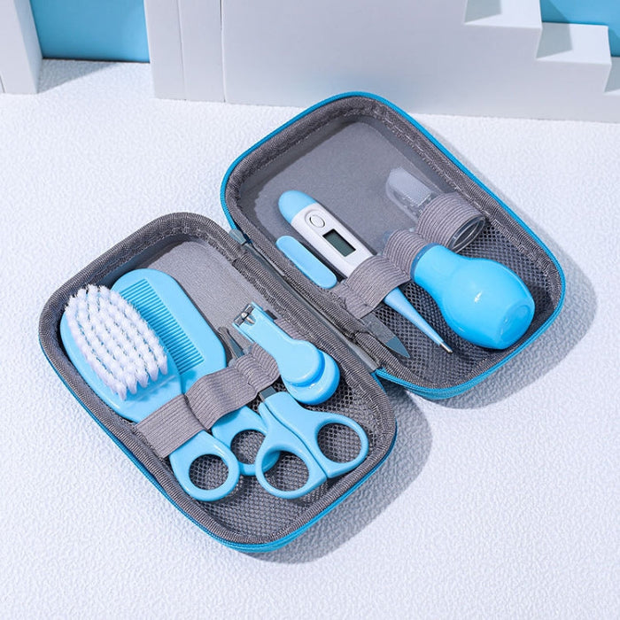 Baby cleaning care set with blue EVA pouch and grooming tools, shown open