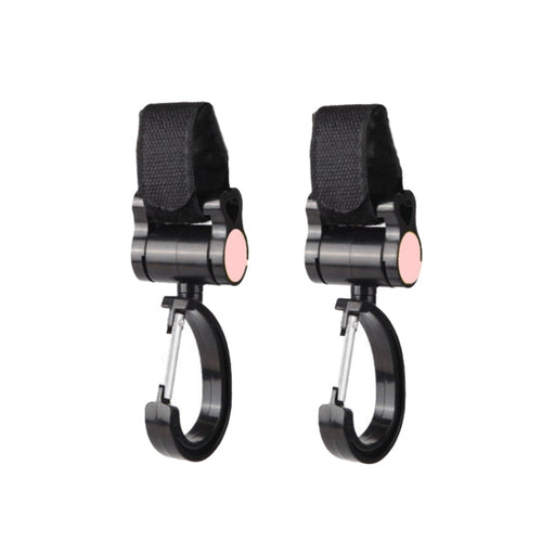 Pair of stroller sticky hooks with 360-degree swivel, pink hook pads, black straps