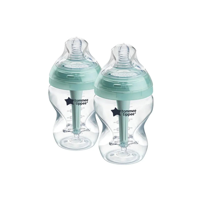 Pack of 2 anti-colic baby bottles, clear with mint-green accents, 260 ml each
