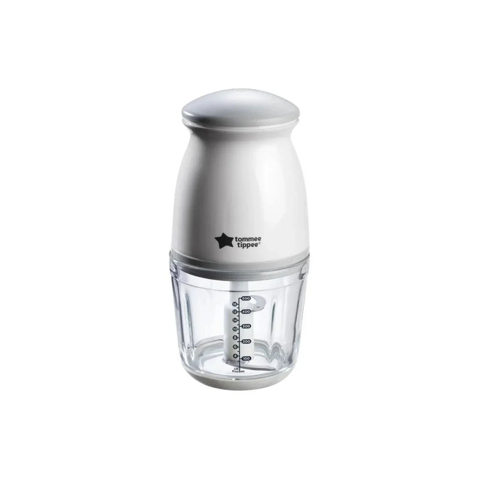 White baby food blender with clear blender cup and grey lid, with measurements on cup