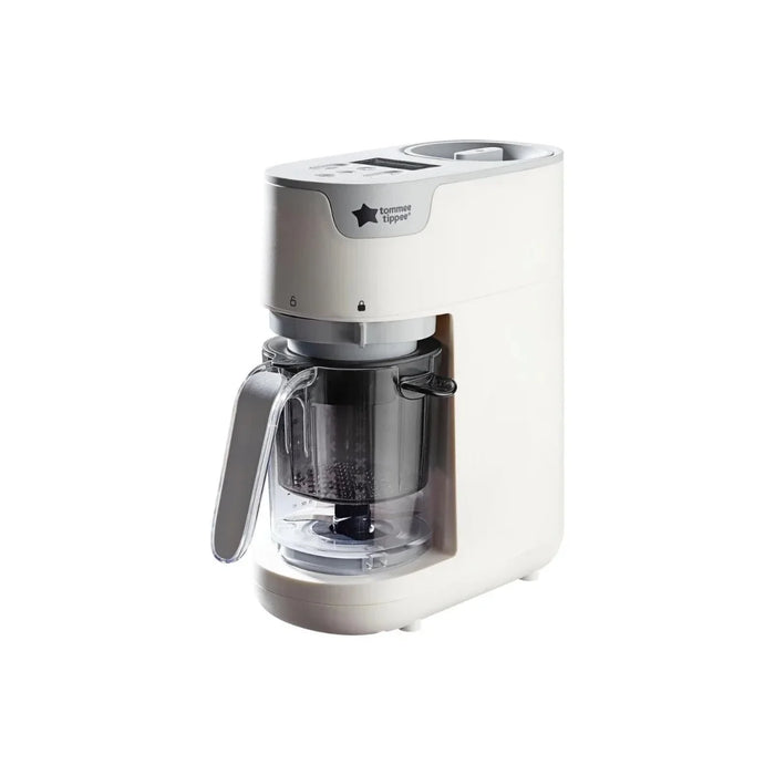 White 6-in-1 baby food maker with clear blending jug and handle