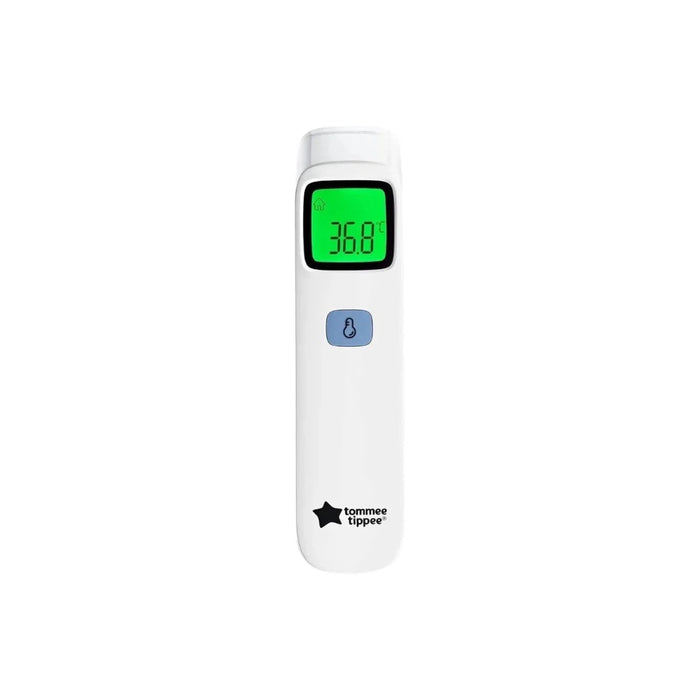 White no-touch digital forehead thermometer, green 36.8°C display