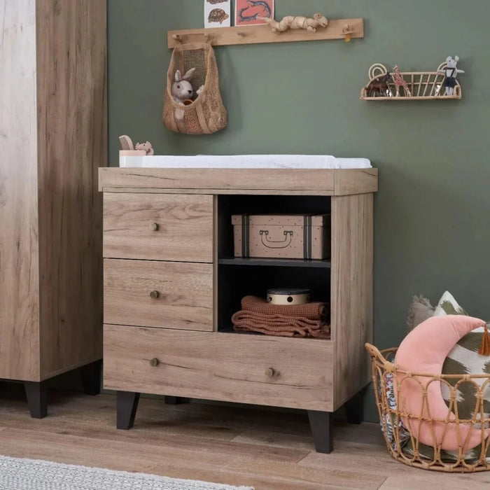 Distressed oak chest changer with open shelving and drawer fronts, dark legs