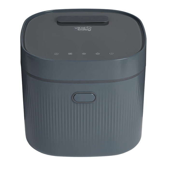 Smoky blue UV steriliser and dryer with top control panel and indicator icons