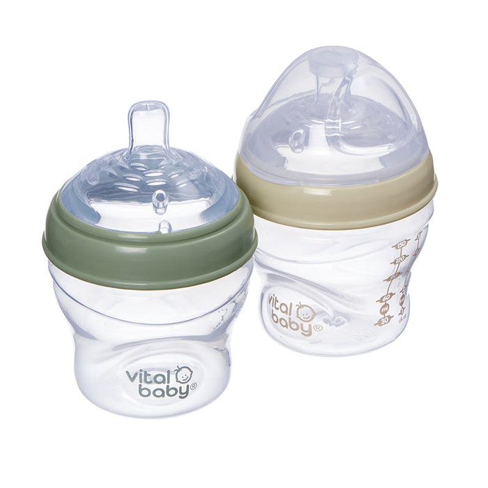 2-pack baby bottles with clear nipple and green/cream caps, white design graphics
