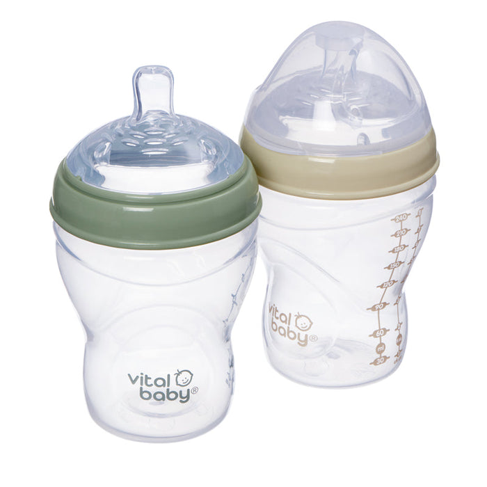Vital Baby breast-like feeding bottles, 240ml, 2-pack with mint and beige caps