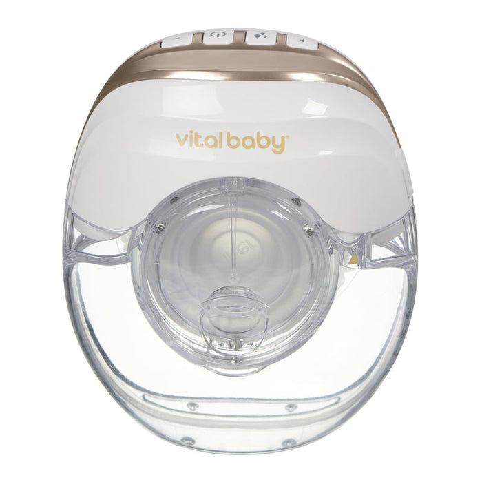 Vitalbaby wearable breast pump, clear front with beige top and circular suction shield