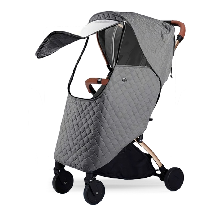 Grey quilted winter stroller cover with front zip opening and clear mesh window