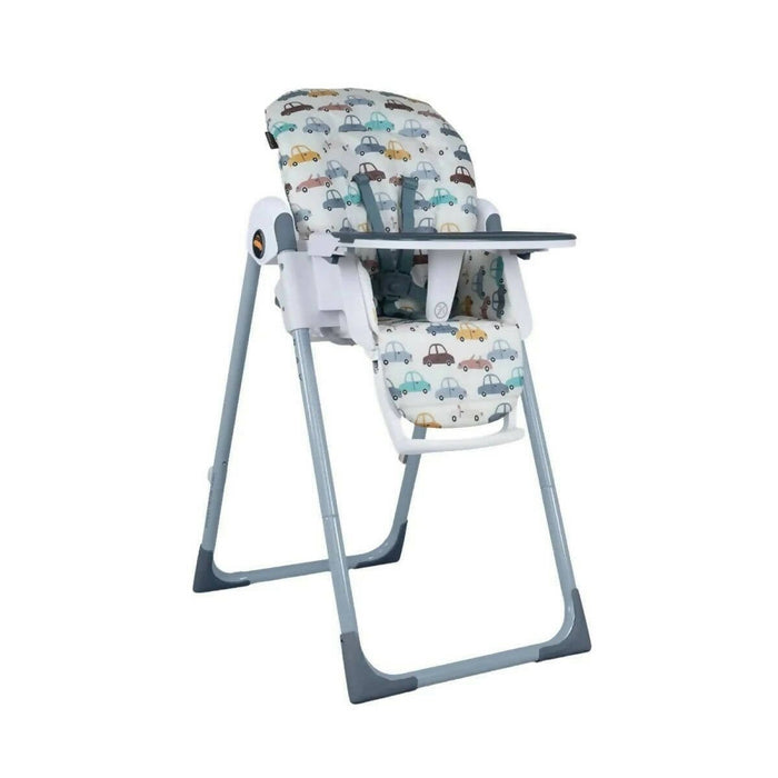 Baby high chair with light blue legs and patterned seat, including front tray