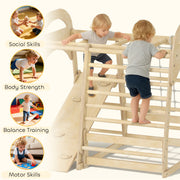 AIYAPLAY 6 in 1 Kids Climbing Frame with Slide, Monkey Bars, Gymnastics Rings, Ladder, Climbing Net, for 3-6 Years, Natural Tone image 4