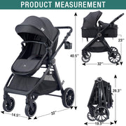 ACCOMBE 2-in-1 Baby Stroller & Bassinet – All-Terrain Pram Black image 8