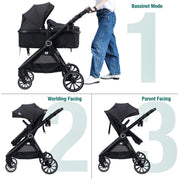 ACCOMBE 2-in-1 Baby Stroller & Bassinet – All-Terrain Pram Black image 2
