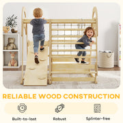 AIYAPLAY 6 in 1 Kids Climbing Frame with Slide, Monkey Bars, Gymnastics Rings, Ladder, Climbing Net, for 3-6 Years, Natural Tone image 5