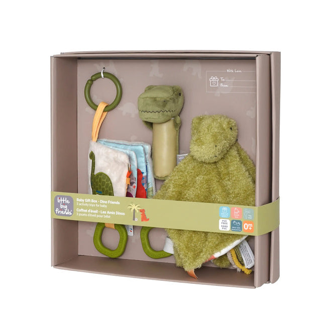 Baby gift box with green plush dino, teether, and hanging ring toy