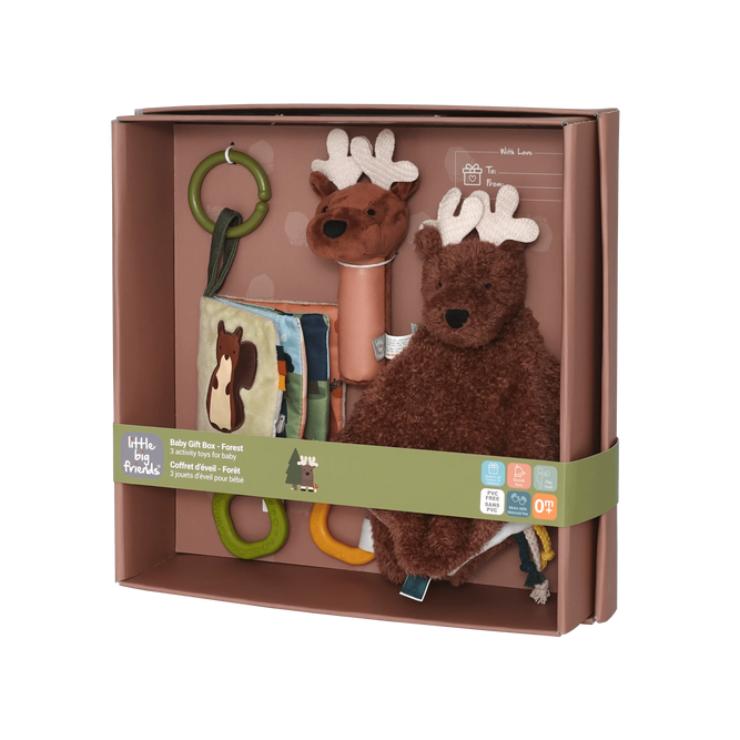 Forest-themed baby gift box with plush animal and fabric teether set inside