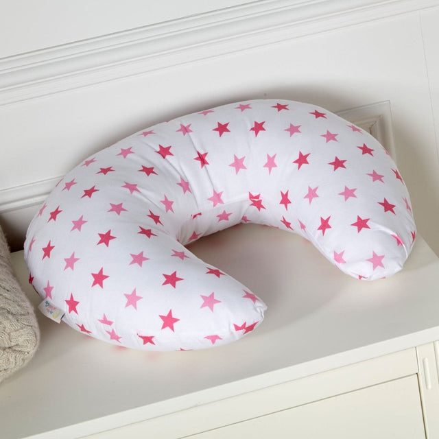 Breastfeeding nursing pillow cover in white with red and pink star pattern