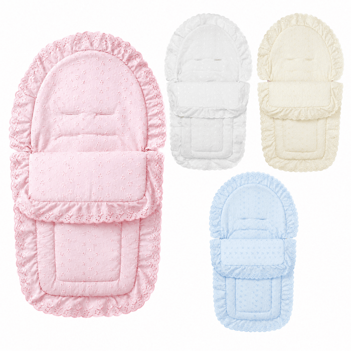 Car seat footmuff set with broderie anglaise trim, includes pink, white, cream, blue.
