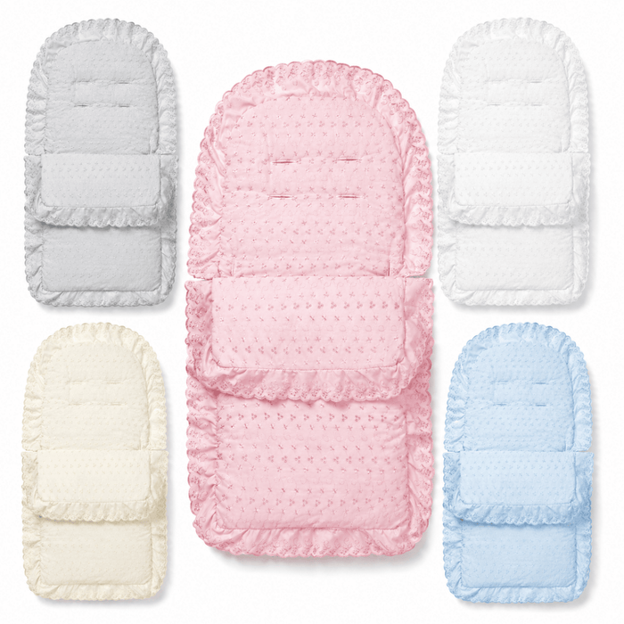 Universal broderie anglaise pushchair footmuff set in white, pink, cream, grey, blue.