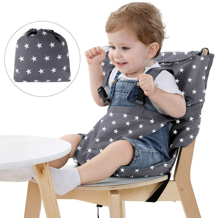 Portable baby dining chair safety seat cover, dark grey with white star pattern and straps