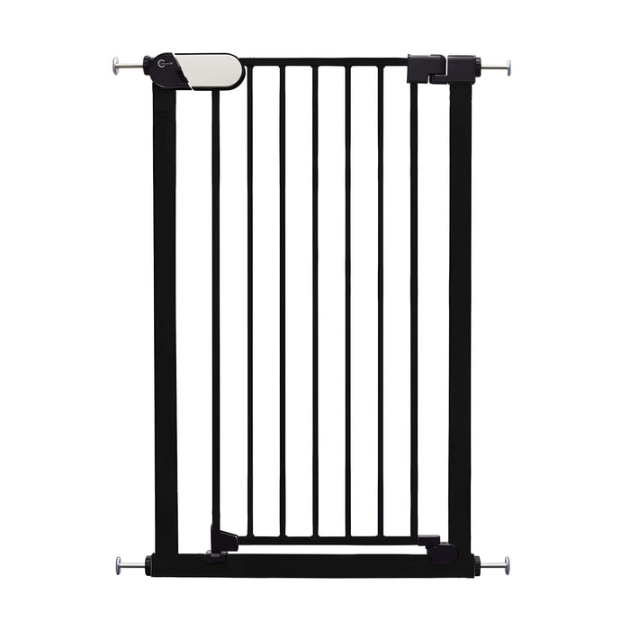 Black tall pressure-fit safety gate with vertical bars and lift handle