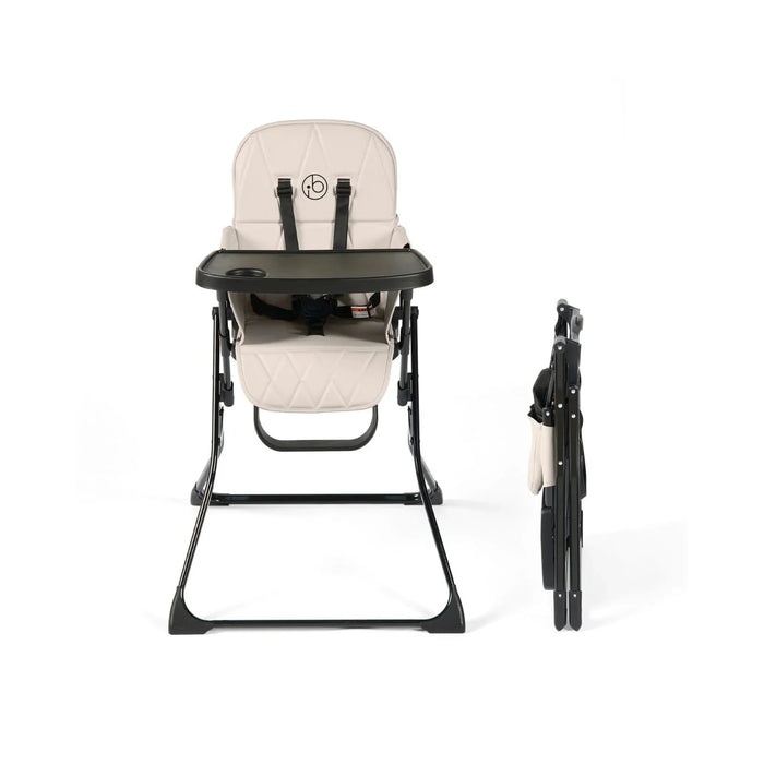 Pearl grey high chair with beige padded seat and black folding frame, front view
